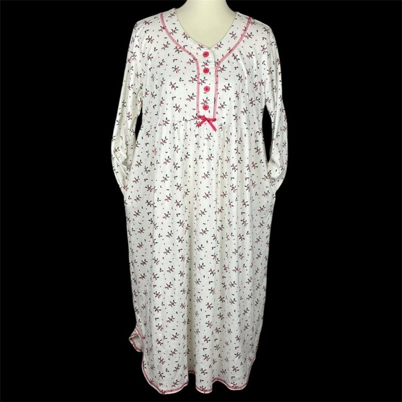 La Cera Holly Berry Christmas Nightgown Sz L Cottagecore Modest Grandmacore - Picture 2 of 8